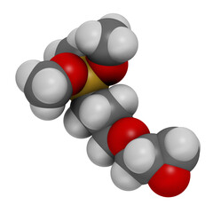 GLYMO or GPTMS organosilane molecule. 3D rendering. Atoms are represented as spheres with conventional color coding: hydrogen (white), carbon (grey), silicon (beige), oxygen (red).