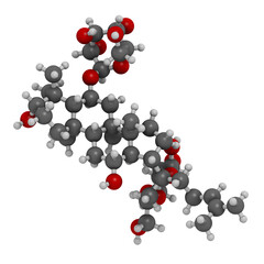 Ginsenoside Rg1 ginseng molecule. 3D rendering. Atoms are represented as spheres with conventional color coding: hydrogen (white), carbon (grey), oxygen (red).
