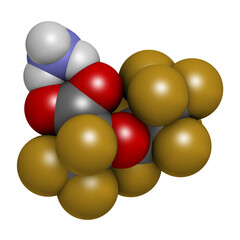 Ammonium perfluoro(2-methyl-3-oxahexanoate) molecule, also known as GenX or FRD-902. 3D rendering. Atoms are represented as spheres with conventional color coding.