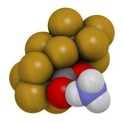 Ammonium perfluoro(2-methyl-3-oxahexanoate) molecule, also known as GenX or FRD-902. 3D rendering. Atoms are represented as spheres with conventional color coding.