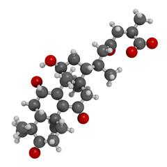 Ganoderic acid A molecule. Present in Ganoderma mushrooms. 3D rendering. Atoms are represented as spheres with conventional color coding: hydrogen (white), carbon (grey), oxygen (red).