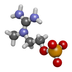 Creatinol-O-Phosphate or COP molecule. 3D rendering. Atoms are represented as spheres with conventional color coding.