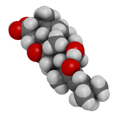 Cucurbitacin D bitter molecule. 3D rendering. Atoms are represented as spheres with conventional color coding: hydrogen (white), carbon (grey), oxygen (red).