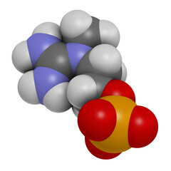 Creatinol-O-Phosphate or COP molecule. 3D rendering. Atoms are represented as spheres with conventional color coding.