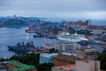 Summer, 2016 - Vladivostok, Russia - The cruise liner is shaded in the center of Vladivostok. The...