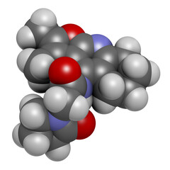 coluracetam 3D rendering. Atoms are represented as spheres with conventional color coding: hydrogen (white), carbon (grey), oxygen (red), nitrogen (blue).