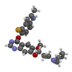 Cediranib cancer drug molecule. 3D rendering. Atoms are represented as spheres with conventional color coding: hydrogen (white), carbon (grey), nitrogen (blue), oxygen (red), fluorine (gold).