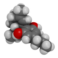 Cannabidivarin or CBDV cannabinoid molecule. 3D rendering. Atoms are represented as spheres with conventional color coding: hydrogen (white), carbon (grey), oxygen (red).