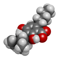 Cannabidiolic acid or CBDA cannabinoid molecule. 3D rendering. Atoms are represented as spheres with conventional color coding: hydrogen (white), carbon (grey), oxygen (red).
