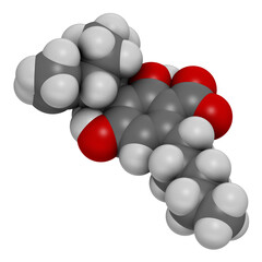 Cannabidiolic acid or CBDA cannabinoid molecule. 3D rendering. Atoms are represented as spheres with conventional color coding: hydrogen (white), carbon (grey), oxygen (red).