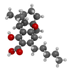 Cannabicyclolic acid cannabinoid molecule. 3D rendering. Atoms are represented as spheres with conventional color coding: hydrogen (white), carbon (grey), oxygen (red).