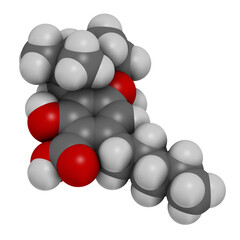 Cannabicyclolic acid cannabinoid molecule. 3D rendering. Atoms are represented as spheres with conventional color coding: hydrogen (white), carbon (grey), oxygen (red).