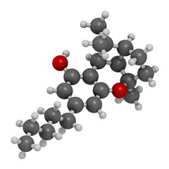 Cannabicyclol or CBL cannabinoid molecule. 3D rendering. Atoms are represented as spheres with conventional color coding: hydrogen (white), carbon (grey), oxygen (red).