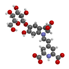 Betanin or beetrood red plant pigment molecule. 3D rendering. Atoms are represented as spheres with conventional color coding: hydrogen (white), carbon (grey), oxygen (red), nitrogen (blue).