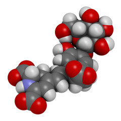 Betanin or beetrood red plant pigment molecule. 3D rendering. Atoms are represented as spheres with conventional color coding: hydrogen (white), carbon (grey), oxygen (red), nitrogen (blue).