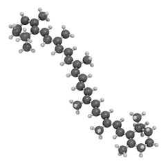 Beta-carotene pigment molecule. 3D rendering. Atoms are represented as spheres with conventional color coding: hydrogen (white), carbon (grey).