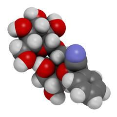 Amygdalin 3D rendering. Atoms are represented as spheres with conventional color coding: hydrogen (white), carbon (grey), oxygen (red), nitrogen (blue).