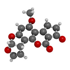 Aflatoxin B1 mold carcinogenic molecule. 3D rendering. Atoms are represented as spheres with conventional color coding: hydrogen (white), carbon (grey), oxygen (red).