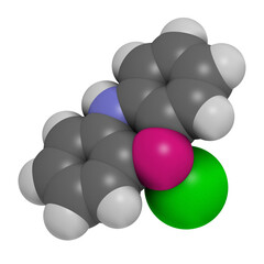 Adamsite or DM riot control agent. 3D rendering. Atoms are represented as spheres with conventional color coding: hydrogen (white), carbon (grey), nitrogen (blue), chlorine (green), arsenic (magenta).