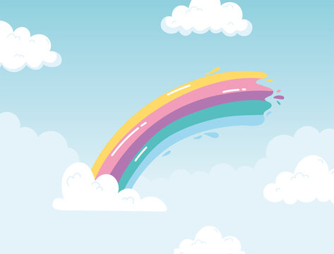 rainbow stroke color with clouds sky cartoon background