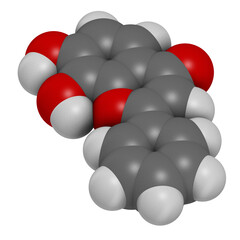 7,8-Dihydroxyflavone or 7,8-DHF molecule. 3D rendering. Atoms are represented as spheres with conventional color coding: hydrogen (white), carbon (grey), oxygen (red).