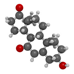 7-Ketodehydroepiandrosterone or 7-keto-DHEA molecule. 3D rendering. Atoms are represented as spheres with conventional color coding: hydrogen (white), carbon (grey), oxygen (red).