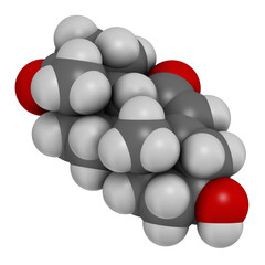 7-Ketodehydroepiandrosterone or 7-keto-DHEA molecule. 3D rendering. Atoms are represented as spheres with conventional color coding: hydrogen (white), carbon (grey), oxygen (red).