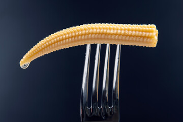 pickled corn on a fork close-up on a dark background. food and vegetables