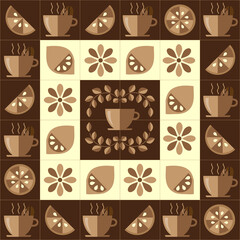 Coffee pattern tile ornament from a coffee cup, flowers, twigs, lemon slices and lemon. Vector graphics.