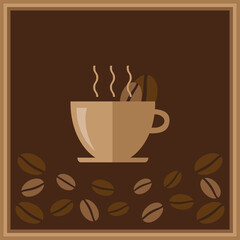 Coffee cup with saucer and coffee beans on a brown background .Vector graphic.