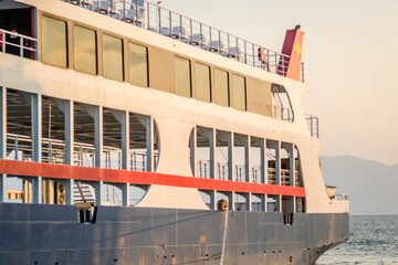 Evia island, Greece - June 28. 2020: Anchored ferry in the port of Edipsos - Greece 