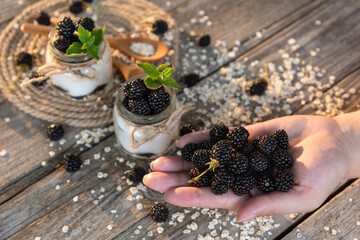 Fresh delicious yogurt for Breakfast with added blackberries. A handful of blackberries lies in the...