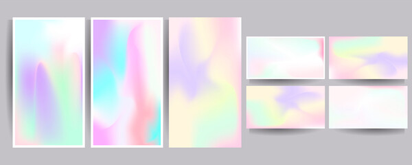 Naklejka premium Set hologram gradient background 90s, 80s retro style. Pastel shades muted colors graphic template for brochure, banner minimal hologram gradient