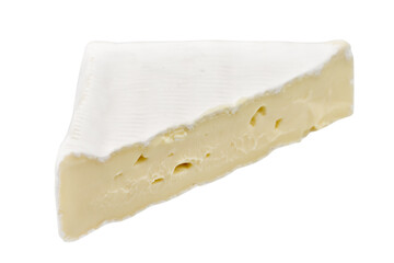 Camembert or brie cheese isolated on white background. Soft cheese covered with edible white mold view from above.