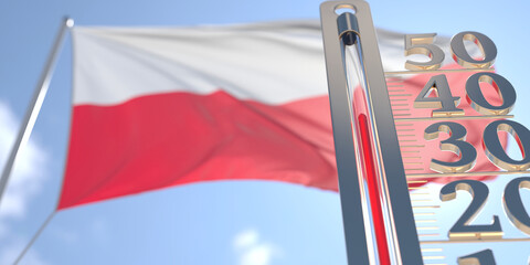 Thermometer shows high air temperature against blurred flag of Poland. Hot weather forecast related 3D rendering