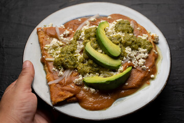 Mexican enfrijoladas with green sauce on dark background