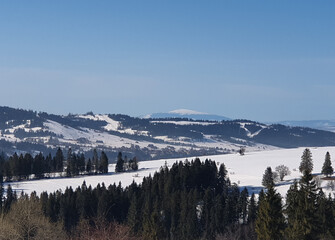 Poland, View on the Ski Roads in Bialka Tatrzanska in the sunny winter day