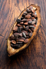 Cocoa (cacao) beans on a beanpod with focus on foreground.