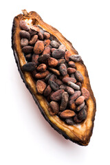 Cocoa (cacao) beans on a beanpod with focus on foreground.