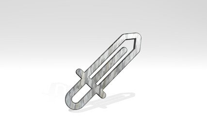 Fototapeta premium ANTIQUE SWORD casting shadow with two lights. 3D illustration of metallic sculpture over a white background with mild texture. ancient and architecture