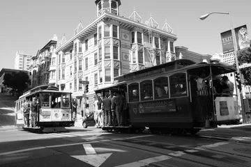 Poster Classic view of historic traditional Cable Cars riding on famous California Street, San Francisco, in black and white, monochrome. © Sabrina