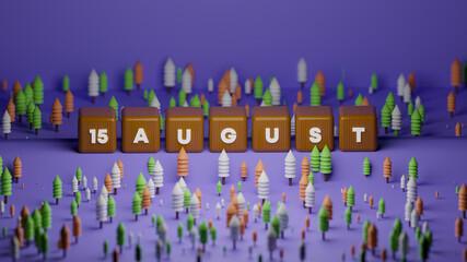 3D Render of Independence day of India. Shiny wooden 15 August Text with 3D Tri colour trees