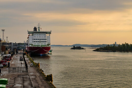 Finland. Helsinki. Big ferry at the pier in Helsinki. September 16, 2018