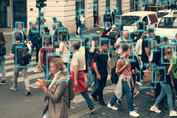 Face detection and recognition of citizens people, AI collect and analyze human data. Artificial...