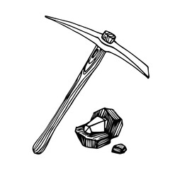 iron pickaxe & a piece of coal with diamond gemstone, a mining tool, logo or emblem of a treasure hunt, vector illustration with black ink lines isolated on a white background in a hand drawn style