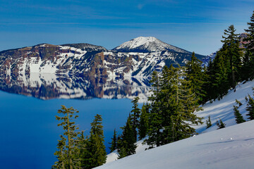 Crater Lake in Crater Lake National Park in the winter season with snow