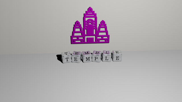 3D representation of temple with icon on the wall and text arranged by metallic cubic letters on a mirror floor for concept meaning and slideshow presentation. ancient and architecture