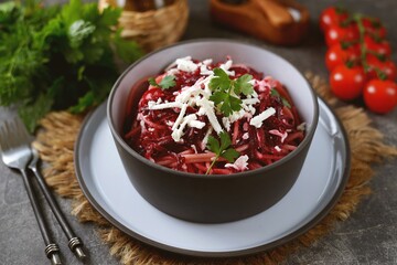 Spaghetti with boiled beets and feta cheese. Healthly food.