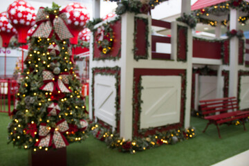 Christmas scene with gifts and tree objects. Christmas decoration. Christmas background blurred.