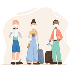 Vector illustration of cartoon modern flat people man and woman travel with suitcases and medical masks on their faces.